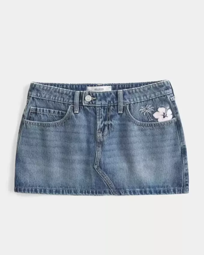 Short mini din denim brodat cu talie joasa Short mini din denim brodat cu talie joasa