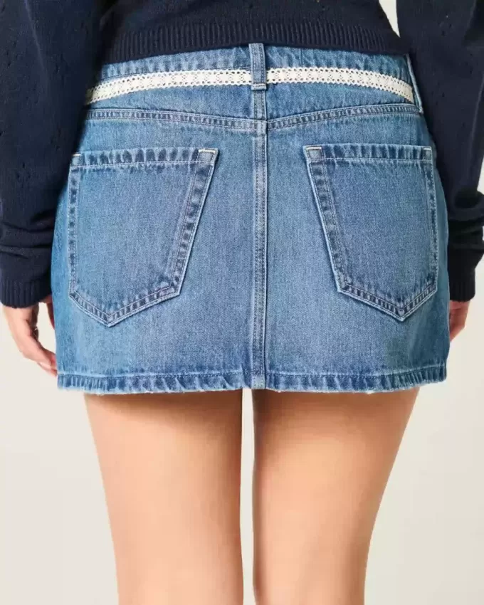 Short mini din denim cu cravată din dantelă Short mini din denim cu cravată din dantelă
