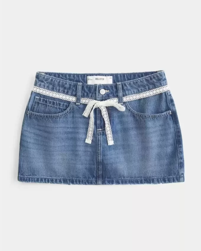Short mini din denim cu cravată din dantelă Short mini din denim cu cravată din dantelă