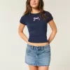 Short mini din denim cu fundă brodat cu talie joasă Short mini din denim cu fundă brodat cu talie joasă