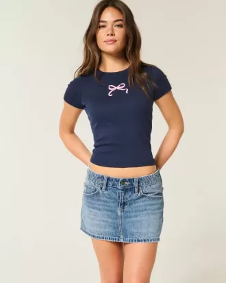 Short mini din denim cu fundă brodat cu talie joasă