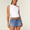 Short mini din denim cu fundă brodat cu talie joasă Short mini din denim cu fundă brodat cu talie joasă