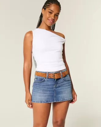 Short mini din denim cu fundă brodat cu talie joasă