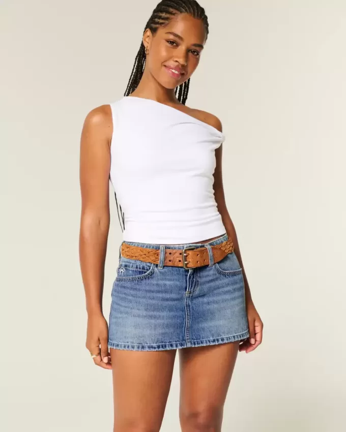 Short mini din denim cu fundă brodat cu talie joasă Short mini din denim cu fundă brodat cu talie joasă