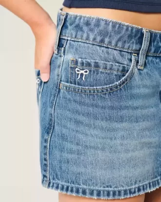 Short mini din denim cu fundă brodat cu talie joasă