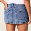 Short mini din denim cu fundă brodat cu talie joasă Short mini din denim cu fundă brodat cu talie joasă