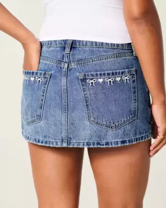Short mini din denim cu fundă brodat cu talie joasă