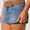Short mini din denim cu fundă brodat cu talie joasă Short mini din denim cu fundă brodat cu talie joasă
