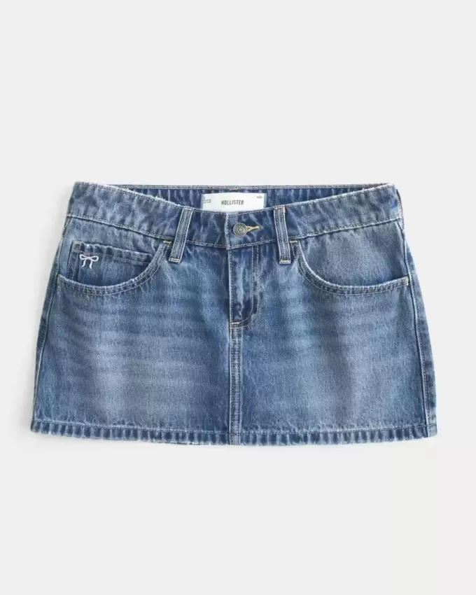 Short mini din denim cu fundă brodat cu talie joasă Short mini din denim cu fundă brodat cu talie joasă