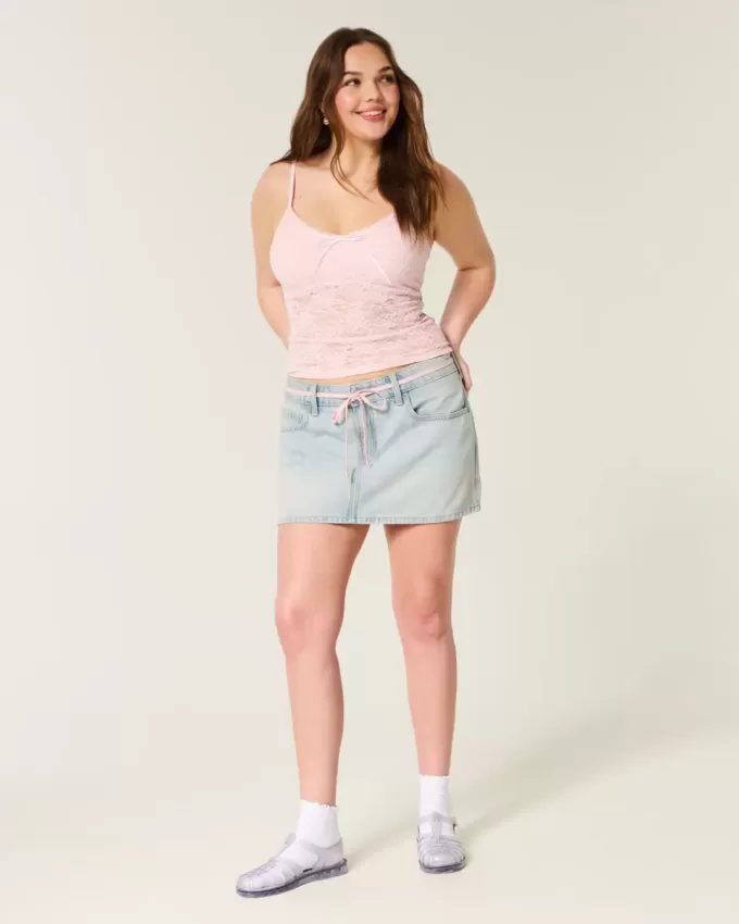 Short mini din denim cu șiret de spălare ușoară Short mini din denim cu șiret de spălare ușoară