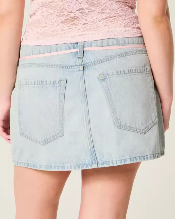 Short mini din denim cu șiret de spălare ușoară Short mini din denim cu șiret de spălare ușoară