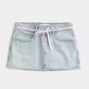 Short mini din denim cu șiret de spălare ușoară Short mini din denim cu șiret de spălare ușoară