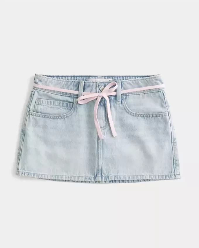 Short mini din denim cu șiret de spălare ușoară Short mini din denim cu șiret de spălare ușoară
