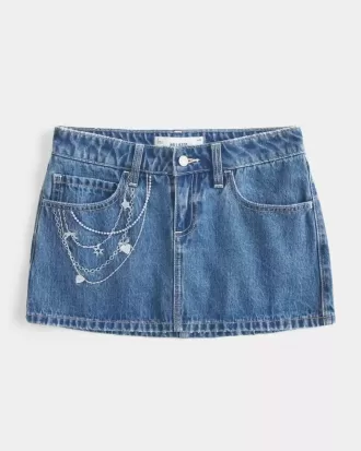 Short mini din denim cu lant brodat cu spalare medie