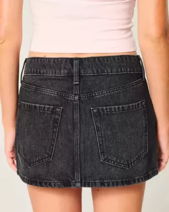 Short mini din denim negru spalat cu talie joasa