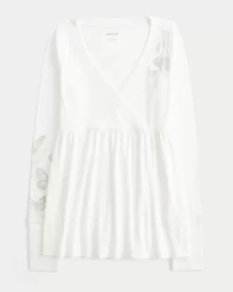 Top Babydoll cu mânecă lungă și model fluture ușor