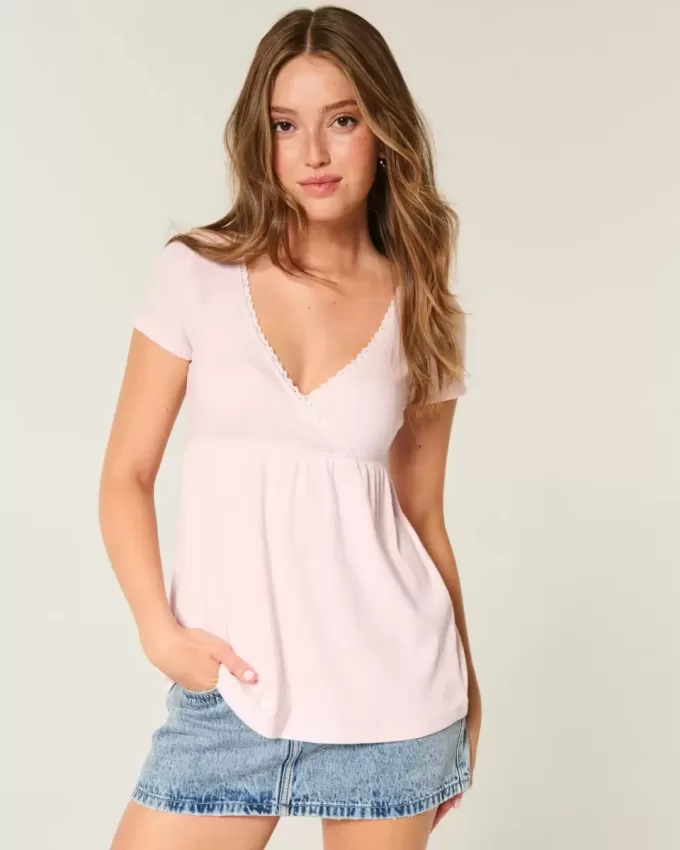 Top Babydoll cu mâneci scurte și cu dantelă Top Babydoll cu mâneci scurte și cu dantelă