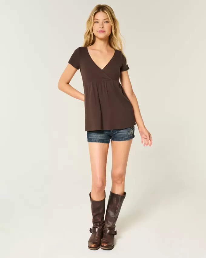 Top Babydoll cu mâneci scurte și cu dantelă Top Babydoll cu mâneci scurte și cu dantelă