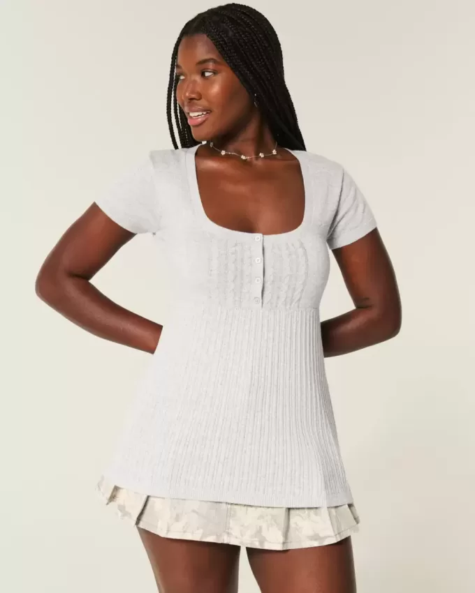 Top Babydoll Henley cu maneci scurte