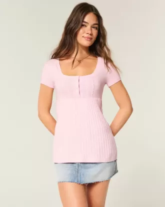 Top Babydoll Henley cu maneci scurte