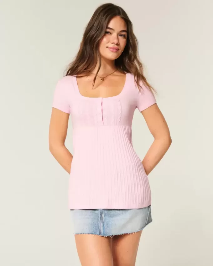 Top Babydoll Henley cu maneci scurte
