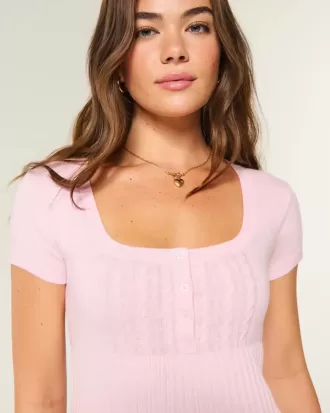 Top Babydoll Henley cu maneci scurte