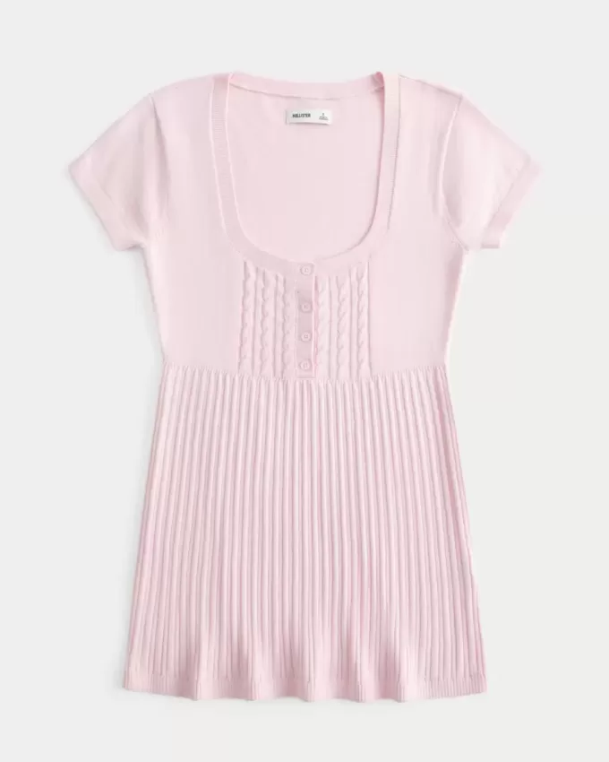 Top Babydoll Henley cu maneci scurte