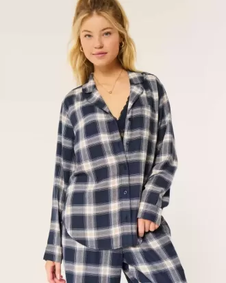 Top de pijama de flanel cu maneca lunga