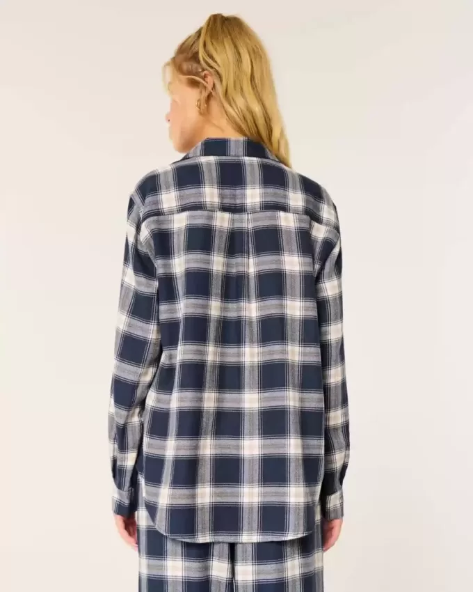 Top de pijama de flanel cu maneca lunga Top de pijama de flanel cu maneca lunga