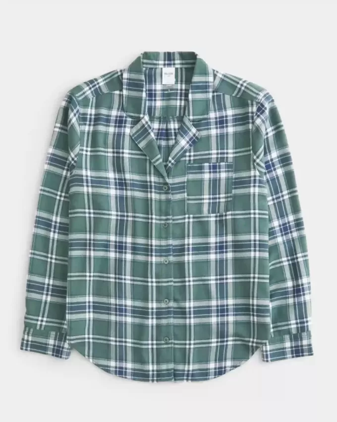 Top de pijama de flanel cu maneca lunga Top de pijama de flanel cu maneca lunga