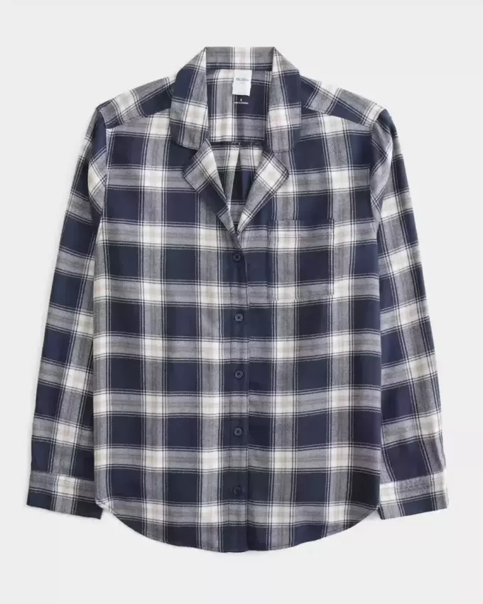Top de pijama de flanel cu maneca lunga Top de pijama de flanel cu maneca lunga