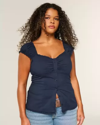 Top din poplin stretch cu mâneci scurte