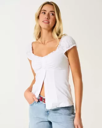 Top din poplin stretch cu mâneci scurte