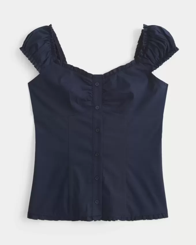 Top din poplin stretch cu mâneci scurte Top din poplin stretch cu mâneci scurte