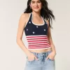 Top Halter în stil croșetat cu model steag american Top Halter în stil croșetat cu model steag american