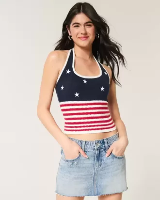 Top Halter în stil croșetat cu model steag american