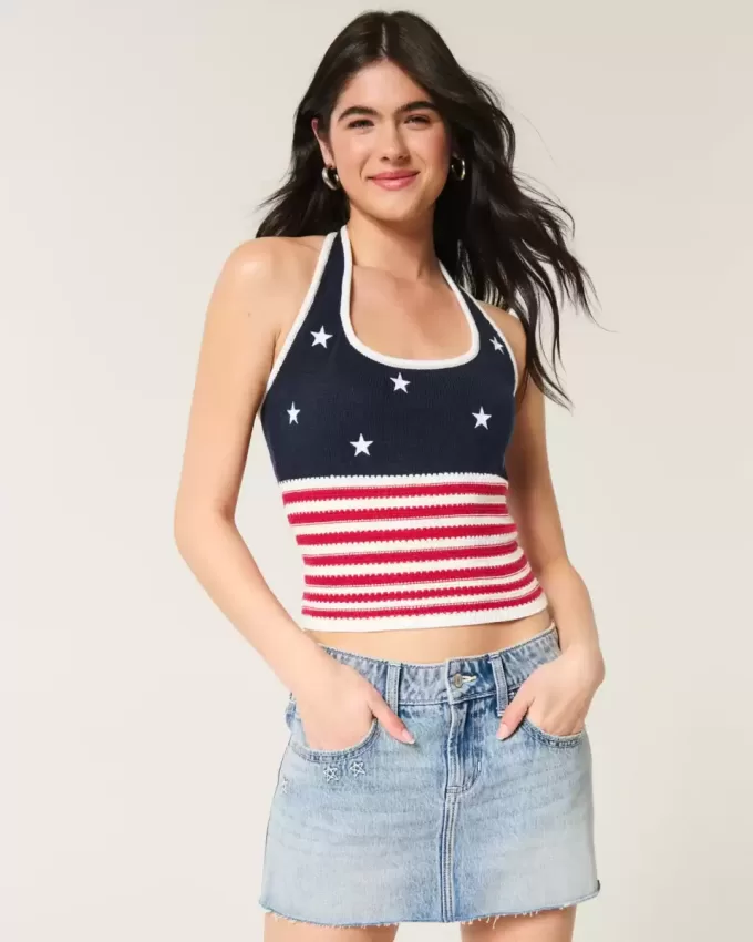 Top Halter în stil croșetat cu model steag american Top Halter în stil croșetat cu model steag american