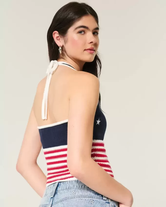 Top Halter în stil croșetat cu model steag american Top Halter în stil croșetat cu model steag american