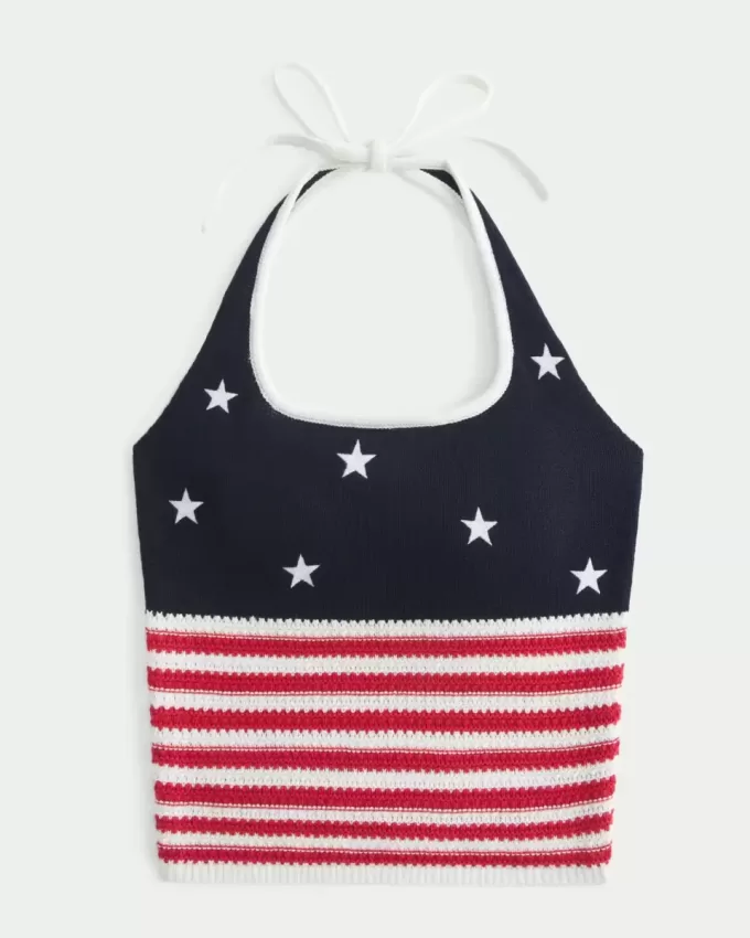 Top Halter în stil croșetat cu model steag american Top Halter în stil croșetat cu model steag american