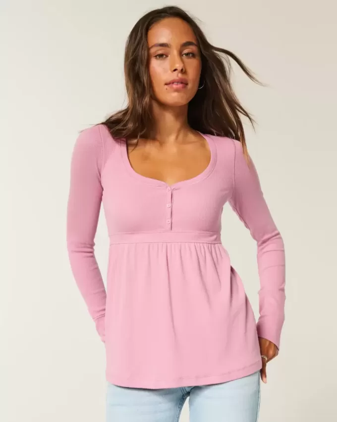 Top pentru babydoll Henley cu cravată la spate Top pentru babydoll Henley cu cravată la spate