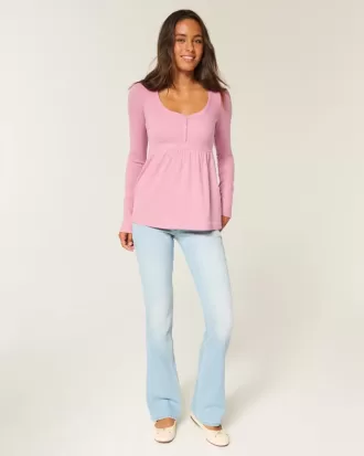 Top pentru babydoll Henley cu cravată la spate
