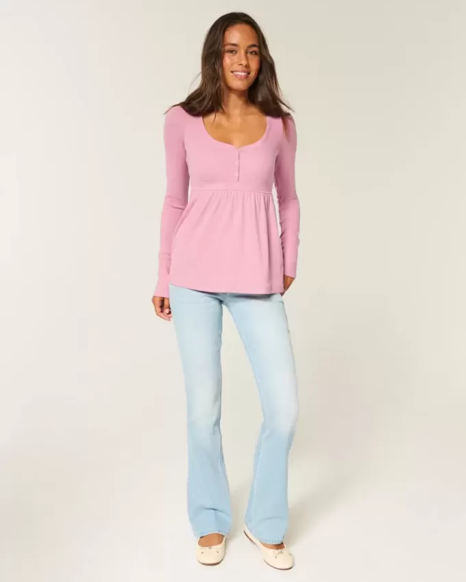 Top pentru babydoll Henley cu cravată la spate Top pentru babydoll Henley cu cravată la spate