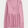 Top pentru babydoll Henley cu cravată la spate Top pentru babydoll Henley cu cravată la spate