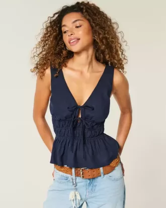 Top peplum cu cravată în amestec de in