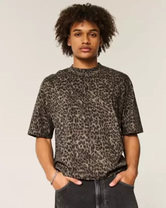 Tricou Boxy Crop Heavyweight cu imprimeu leopard