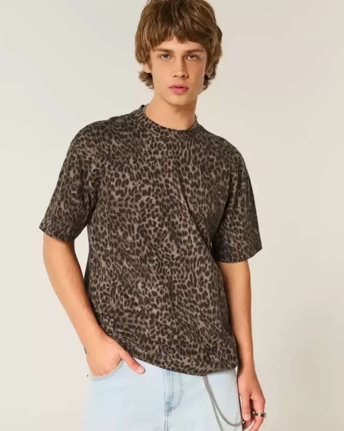 Tricou boxy Heavyweight din bumbac cu imprimeu leopard