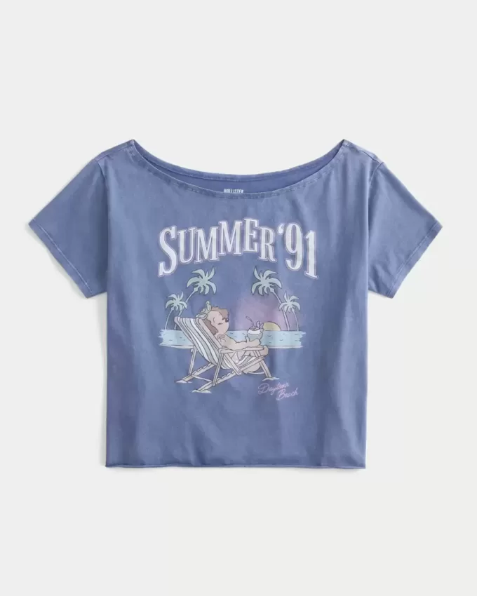 Tricou cu grafic de vară ușor fără umăr Tricou cu grafic de vară ușor fără umăr