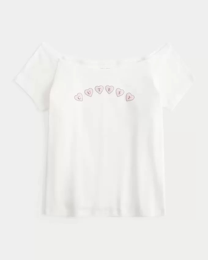 Tricou cu grafic drăguț fără umăr Tricou cu grafic drăguț fără umăr
