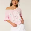 Tricou cu grafică florală de varsity, supradimensionat, fără umăr Tricou cu grafică florală de varsity, supradimensionat, fără umăr