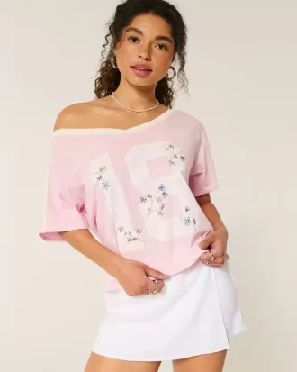 Tricou cu grafică florală de varsity, supradimensionat, fără umăr